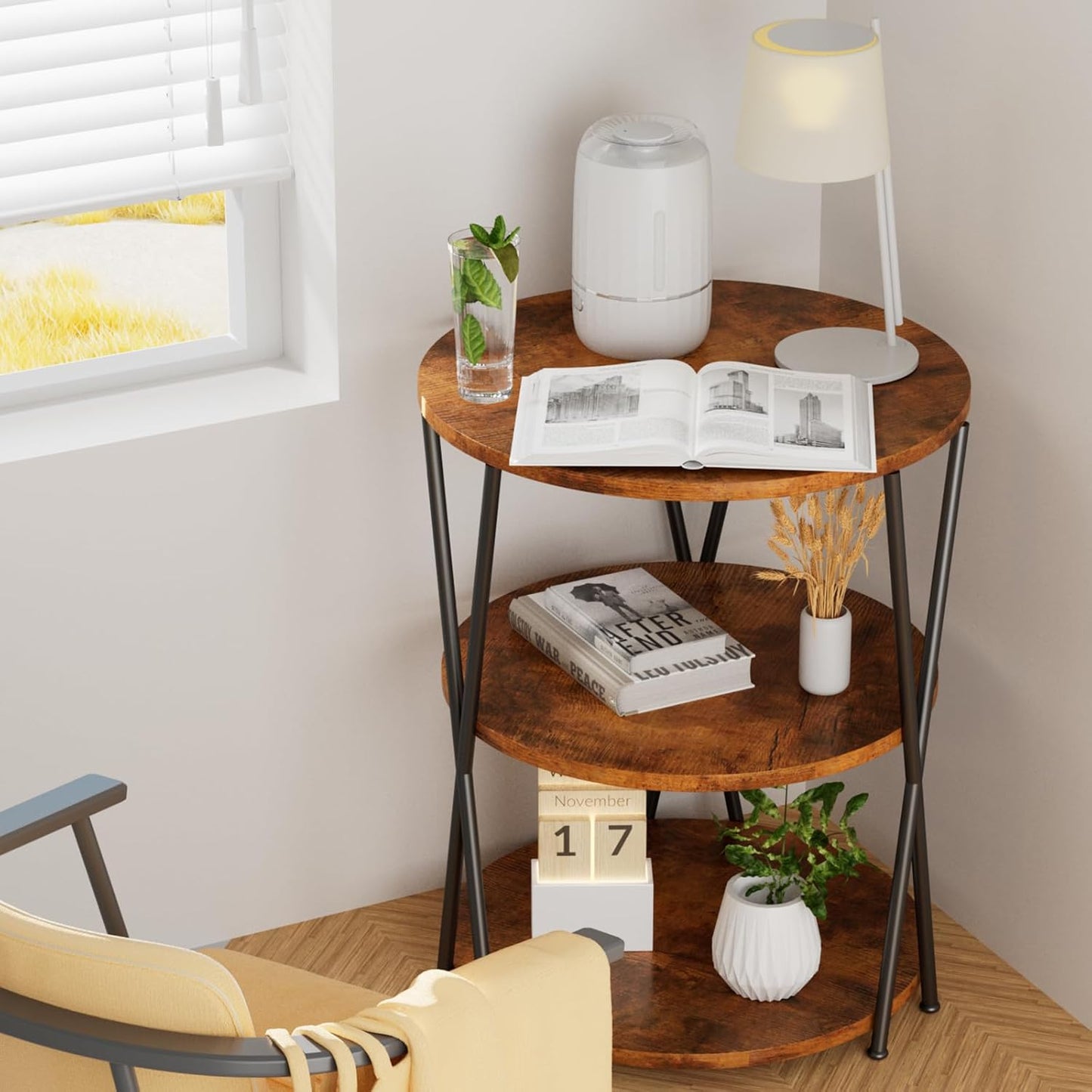 Big Side Table, 3-Tier Large Size round End Table with X-Leg Design, Nightstand Bedside Table for Living Room, Bedroom, Drink Table Coffee Table for Patio, Indoor Outdoor Use, 16.5''X16.5''X22.8''