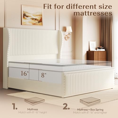 Queen Size Bed Frame with 55" Headboard Nailhead Trim Design, White, view 5