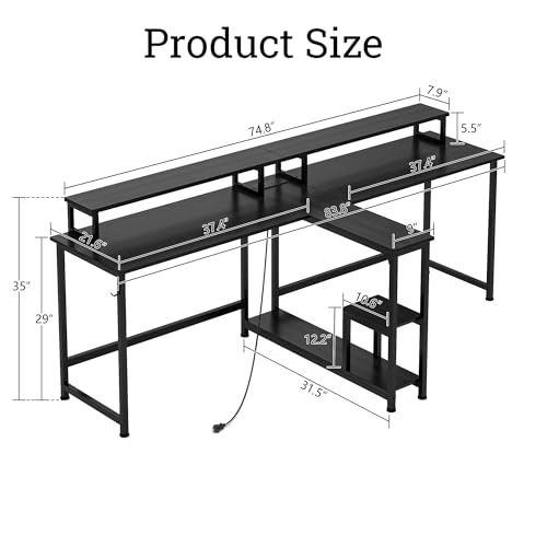 Two Person Desk with LED Lights & Power Outlet, 83.7" Extra Long Computer Desk with Monitor Stand & Storage Shelves, Double Study Work Writing Table Workstation for Home Office, Black