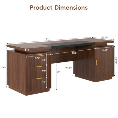 71" Office Desk with Storage, Fluted ExecutiveDesk with Drawers, Walnut, view 3