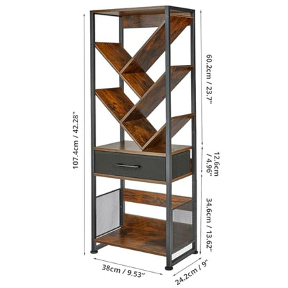Bookshelf with Drawer,8 Tier Tree Bookcase Retro Floor Standing Bookshelves,Tall Wood Bookcases with Cabinet Storage Organizer for Living Room, Bedroom & Home Office, Classic