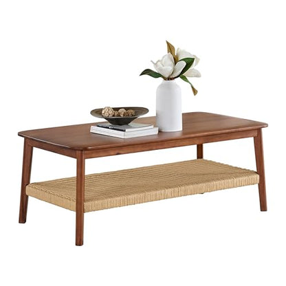 Calais 48 Inch Rectangular Solid Wood Coffee Table with Woven Storage Shelf – Mid Century Modern 2-Tier Living Room Table (Chestnut)