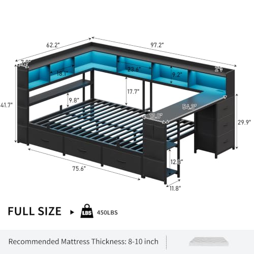 Full Corner Bed Frame with Bookcase Headboard and Hidden Storage, Black, view 3