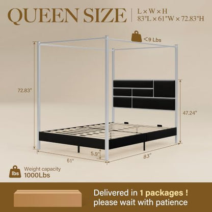 Queen Canopy Bed Frame, Velvet Upholstered with Silver Trim, Black, view 3