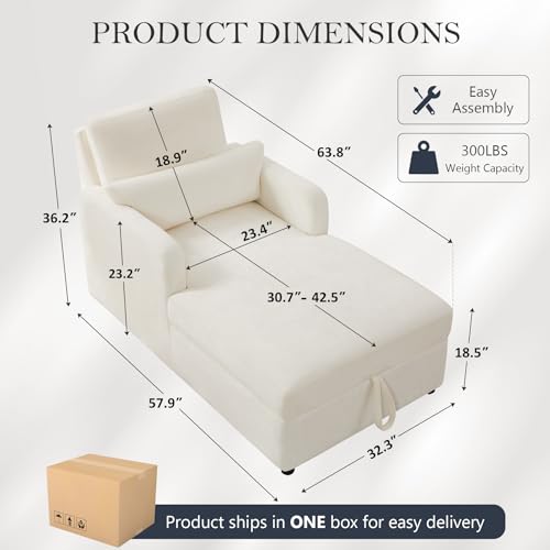 58" Oversized Chaise Lounge Chair with Storage, Chenille Beige, view 3