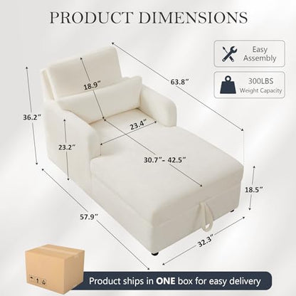 58" Oversized Chaise Lounge Chair with Storage, Chenille Beige, view 3