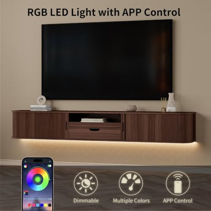 94.8" Floating Fluted TV Stand with Drawer & LED for TVs up to 100", Walnut, view 7