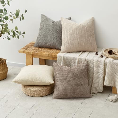 Pack of 4 Couch Throw Pillow Covers 18x18 Inch Neutral Beige/Brown Soft Decorative Chenille Pillow Covers Farmhouse Accent Cushion Covers for Boho Spring Home Decor Sofa Bedroom Living Room