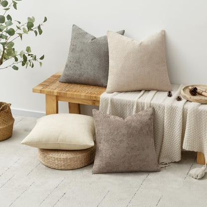 Pack of 4 Couch Throw Pillow Covers 18x18 Inch Neutral Beige/Brown Soft Decorative Chenille Pillow Covers Farmhouse Accent Cushion Covers for Boho Spring Home Decor Sofa Bedroom Living Room