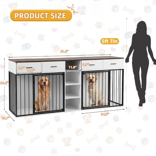 82 Inch Double Dog Crate Furniture for 2 Medium/Large Dogs, White, view 8