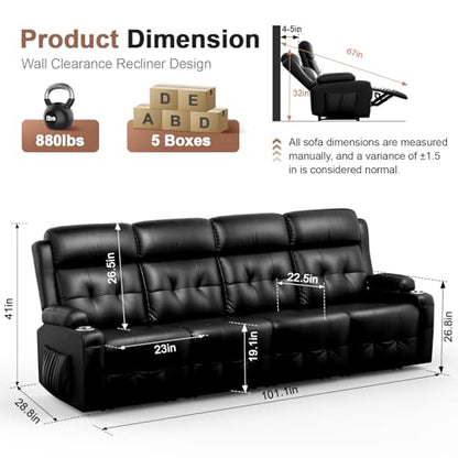 Recliner Sofa, Massage Reclining Sofa 4 Seater Sets Heavy Weight Capacity, 1 Single Power Heat & Massageable Chair with Storage, Cup Holders, Wall Hugger Couches for Living Room & RV Campers