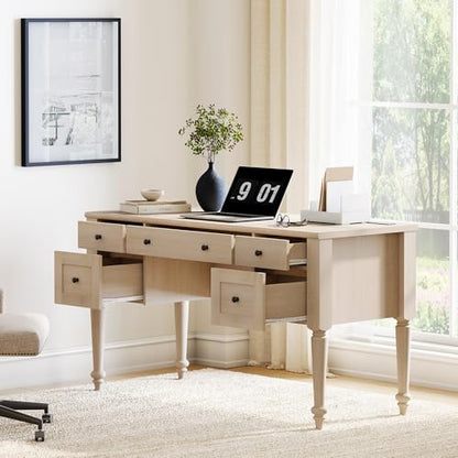 WAMAPT Farmhouse Executive Desk with 5 Drawers, Home Office Desk with Charging Station, Wood Computer Desk with File Cabinet Storage, Door, Open Shelf for Work and Study, Light Oak, 55 inch