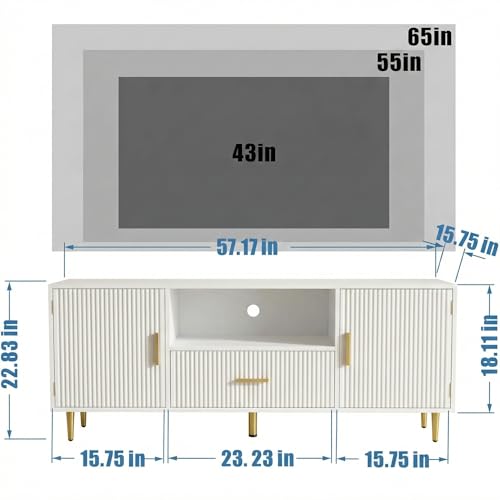 Modern Fluted TV Stand for 55/60/65 Inch TV, 57" Entertainment Center Media Console Table with Drawer & Storage Cabinets, Ribbed Design TV Cabinet Credenza for Living Room, White