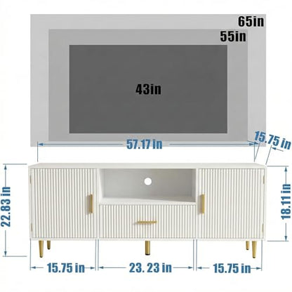 Modern Fluted TV Stand for 55/60/65 Inch TV, 57" Entertainment Center Media Console Table with Drawer & Storage Cabinets, Ribbed Design TV Cabinet Credenza for Living Room, White