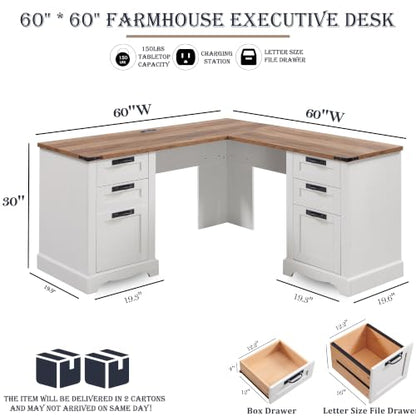 60" Farmhouse L Shaped Executive Desk, Antique White, view 3