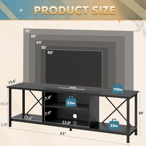 Industrial TV Stand for Up to 70 inch TV, Heavy-Duty Metal Frame Entertainment Center with Adjustable Shelves & Cable Management, Large Media Console for Living Room, Black