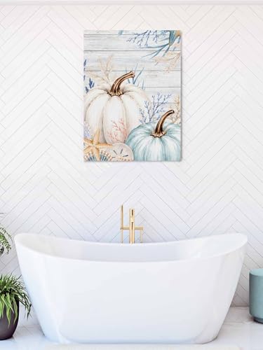 NuYeBiofx Thanksgiving Fall Pumpkins Canvas Wall Art Prints,48"x32" Framed Picture Artwork Starfish Shell on Farm Wood Printed Canvas Oil Painting for Living Room Bedroom Office,Ready to Hang