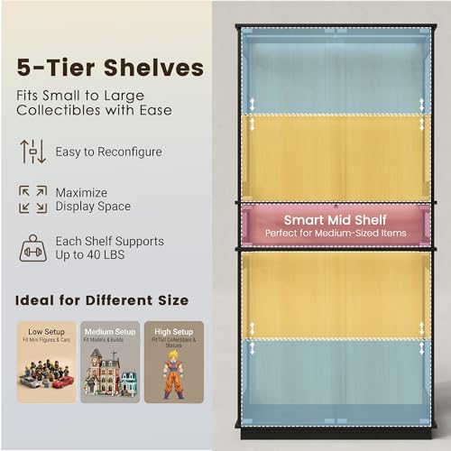 65" H Lighted Display Cabinet with Glass Doors & 5-Tier Shelves, Curio Cabinets with Motion Sensor LED Lights for Collectibles/Figurines, Tall Storage Cabinets for Living Room (Black Wood)