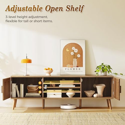 Boho TV Stand for 65 Inch TV, Entertainment Center with Adjustable Shelf, Rattan TV Console with 2 Cabinets, Media Console, Solid Wood Feet, 4 Cord Holes, for Living Room, Walnut