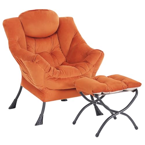 Lazy Chair with Ottoman, Modern Accent Chair Contemporary Sofa Chair with Armrests, Reading Chair and Folding Footstool Set for Living Room, Bedroom, Orange