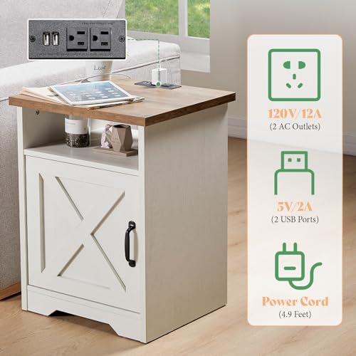 5-Piece Farmhouse Table Set Include 63" TV Stand with 26" Fireplace, 40" Coffee Table, 2 End Tables with Charging Station & USB Ports, Living Room Table Sets with Barn Door, Rustic Oak&White