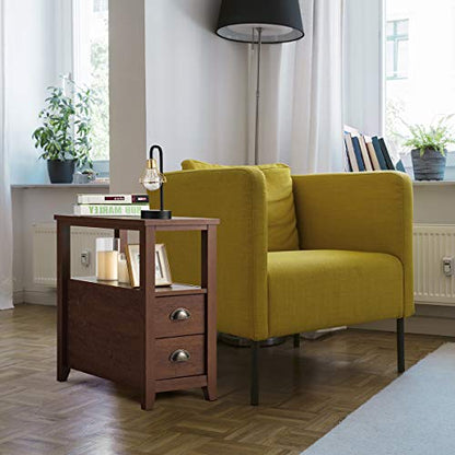 End Table W/ 2 Drawers and Shelf Space-Saving Rectangular Bedside Table with Metal Handle, Retro Side Table for Living Room Bedroom Home Furniture Side Table (1, Brown)