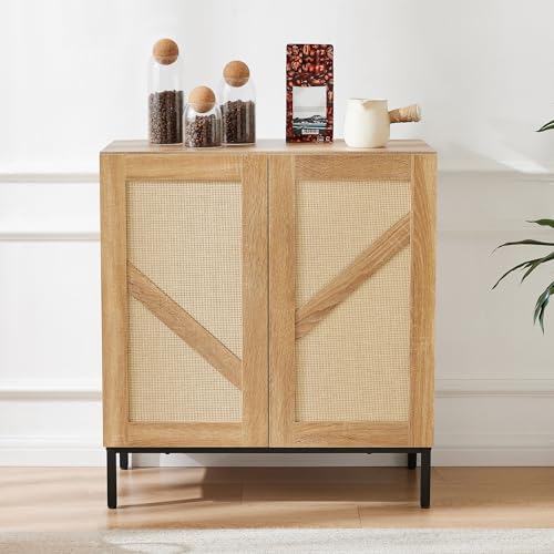 Buffet Cabinet with Storage, Sideboards 2 Doors with Metal Base and Adjustable Shelf for Kitchen, Coffee Bar, Entryway, Hallway,Living Room (Rattan Buffet Cabinet, Natural)