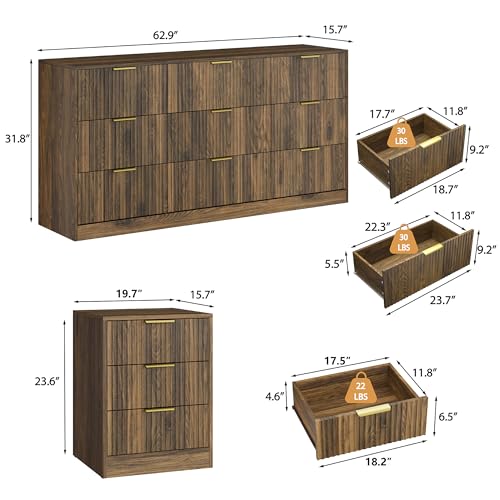 3-Piece Modern Bedroom Furniture Set, Wide 9-Drawer Dresser & 3-Drawer Nightstands Set of 2, Natural Wood Dresser and Nightstand Sets for Bedroom, Hallway, Walnut