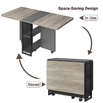 FoldingTable, Drop Leaf Dining Table with 6 Wheels and 2-Layer Storage Shelf, Space Saving Table for Small Spaces (Slate Oak, 50.1" D x 31.4" W x 29.5" H)