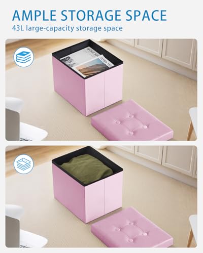 Storage Ottoman Foot Stool, 17 inches Folding Ottoman with Storages, Velvet Storage Bench with Side Pocket, Foot Rest for Living Room, Bedroom (Pink)