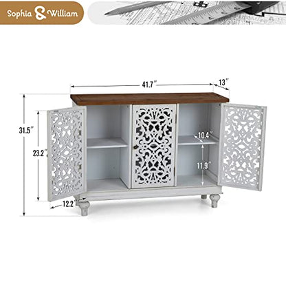 Sideboard and Buffet with Storage, 3-Door Hollow-Carved Accent Cabinet, Distressed Wood Storage Cabinet Cupboard for Kitchen, Dining Room, Living Room, Entryway, White