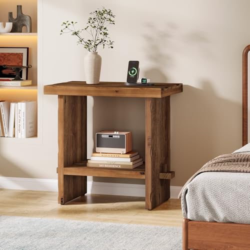 Solid Wood Nightstand with Storage, Farmhouse Bedside Table for Bedroom, Rectangle Night Stand with Wooden Base, Wooden Side End Table for Bedroom, Accent Furniture (2, Brown)