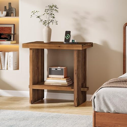 Solid Wood Nightstand with Storage, Farmhouse Bedside Table for Bedroom, Rectangle Night Stand with Wooden Base, Wooden Side End Table for Bedroom, Accent Furniture (2, Brown)