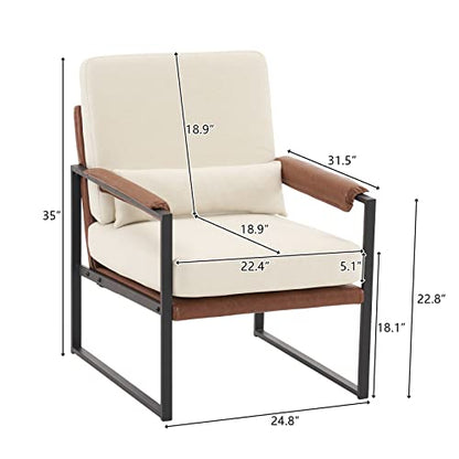 Mid-Century Accent Chair, Padded Arms, Beige | Metal Frame, Linen Fabric, Thick Cushions, Lumbar Pillow Included, Lounge Chair for Living Room, Bedroom, Balcony, Study