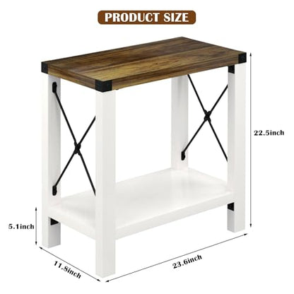Farmhouse End Table for Small Spaces, Set of 2,Narrow Side End Table with Storage Shelf, Rustic X-Design Nightstand Sofa Table for Living Room, Bedroom White
