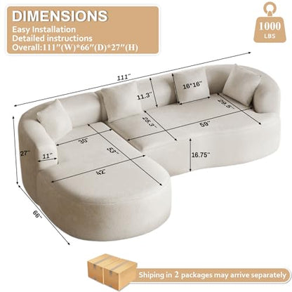111" Oversized Sectional Sofa with Left-Facing Chaise for Living Room, Modern Luxury Chenille 4-Seater Couch Extra Deep Seat L-Shape Curved Cloud Couch with 4 Throw Pillows, White