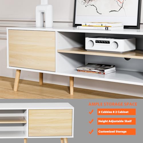 TV Stand for 75 Inch TV, Entertainment Center with Storage, 2 Cabinet Media Console Table, Wood Feet, Living Room, Bedroom Furniture,White&Oak