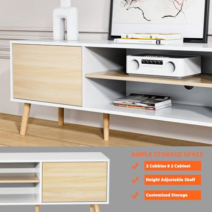 TV Stand for 75 Inch TV, Entertainment Center with Storage, 2 Cabinet Media Console Table, Wood Feet, Living Room, Bedroom Furniture,White&Oak