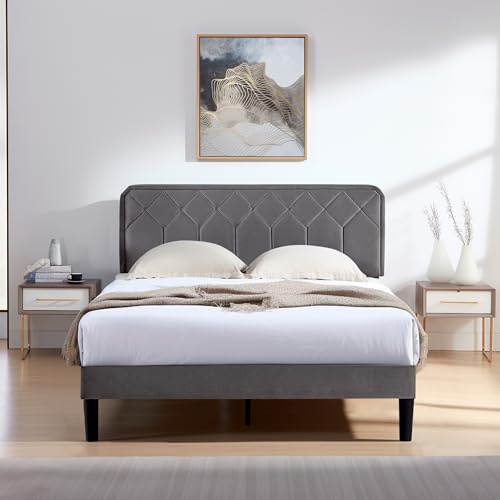 Queen Size Bed Frame, Velvet Upholstered Platform with Adjustable Headboard, view 7