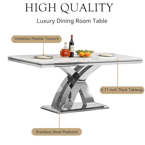 68.11" White Dining Table, Luxurious Marble Table Dining with 0.71" Thick Printed Marble Tabletop and Silver Stainless Steel Pedestal, Modern Kitchen Dining Room Table for 8