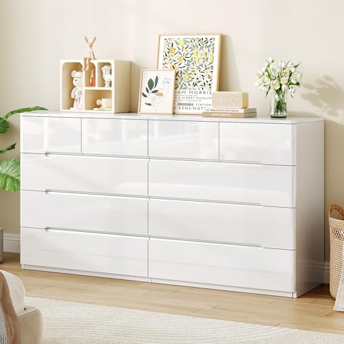 10 Drawer Dresser for Bedroom, 55" Long High Gloss Dresser, White, view 2