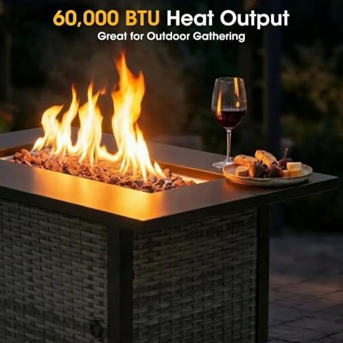 5 Piece Patio Furniture Set with Fire Pit, Grey Wicker Outdoor Conversation Set with 2 Swivel Rocker Chairs, 2 Sofas and Rectangular 60,000 BTU Fire Pit Table, Beige Covers for Patio