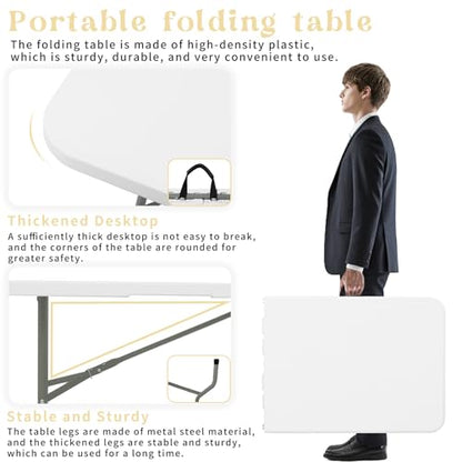 Folding Table 6 FT Lightweight Camping Table White Portable Plastic Rectangular Outdoor Dining Table Steel Legs Fold-in-Half with Carrying Handle for Indoor,Picnic,Party,Wedding,Events