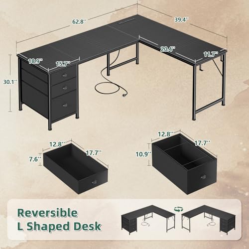 63" L Shaped Computer Desk with Power Outlet & USB-C Port, Reversible Home Office Desk with 2 Fabric Drawers, File Cabinet, Hooks, Large Corner Table for Gaming, Writing, Work, Black