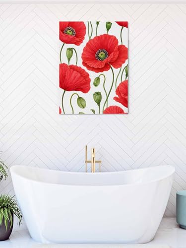 NuYeBiofx Red Poppy Farmhouse Floral Canvas Wall Art Prints,48"x32" Framed Picture Artwork Gradient Green Bud Printed Canvas Oil Painting for Living Room Bedroom Office,Ready to Hang