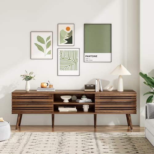 Mid Century Modern TV Stands for up to 70" TV with Storage, Fluted Wood TV Stand for Living Room, Boho Media Console, Entertainment Center with Cable Management