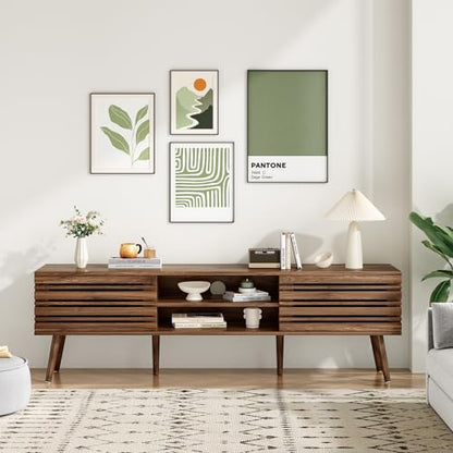 Mid Century Modern TV Stands for up to 70" TV with Storage, Fluted Wood TV Stand for Living Room, Boho Media Console, Entertainment Center with Cable Management