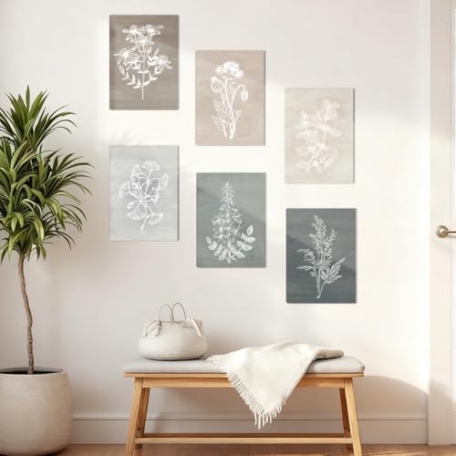 Neutral Botanical Plant Canvas 6 Pieces Wall Art Rustic Wall Decor Farmhouse Wall Paintings Botanical Prints Simple Plants Wall Pictures Minimalist Flower Decor for Living Room Bedroom Bathroom Office Dining Room 12"x 16"
