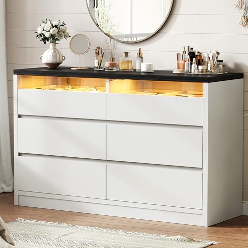 White 6 Drawer Dresser for Bedroom with LED Light & Deep Drawers, view 3