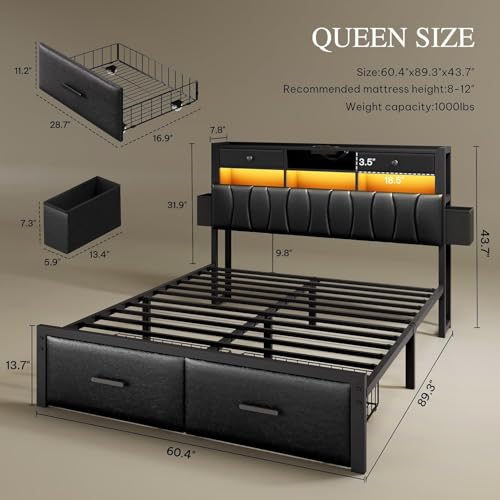 Queen Black Bed with Drawers and Charger, view 3